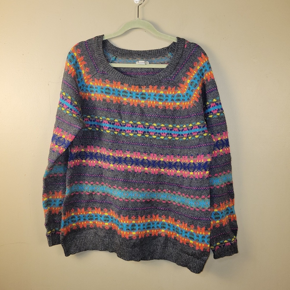 Old Navy Fair Isle‎ Sweater XL Gray Neon Aztec Tribal Knit Pullover Cozy 90s Y2K